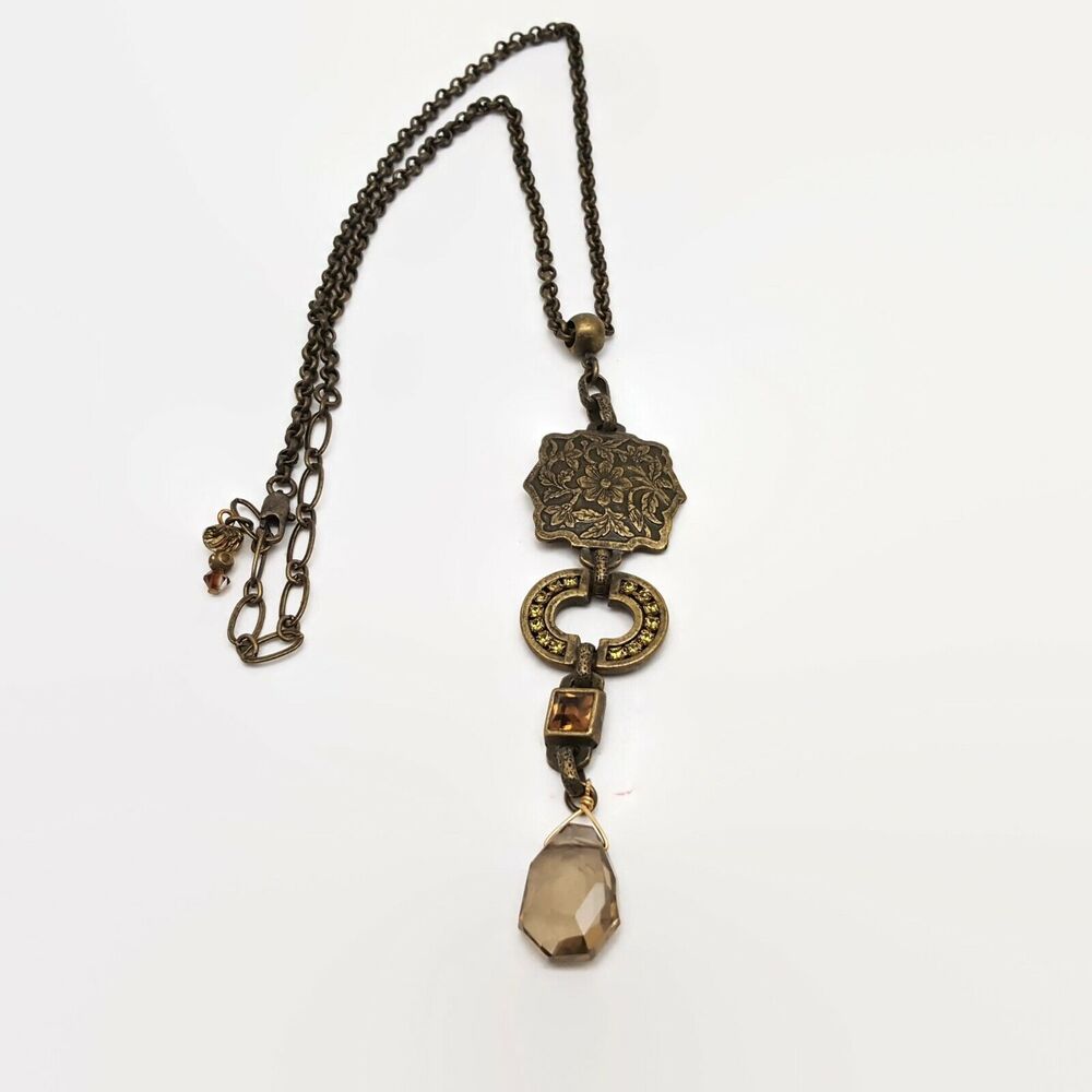 Antiqued Gold Tone Necklace With Brown Glass Briolette Pendant Signed CR